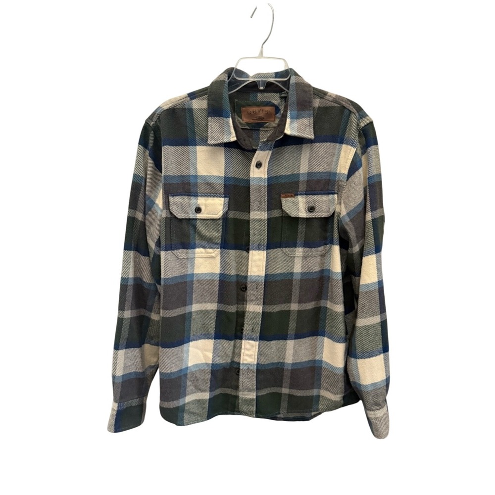 Orvis Mens Classic Collection Plaid Flannel Button Down Shirt‎ Blue Green Medium